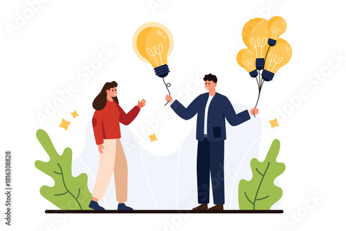 Support in solving business problems, share new smart idea and strategic solution. Tiny boss, leader or employee holding bunch of bright light bulbs to give colleague cartoon vector illustration