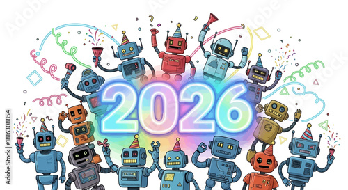 Celebrate the Future Robots Party for New Year 2026 with Joyful Celebration with Robot Friends with Party Hats and Confetti for Tech and Innovation