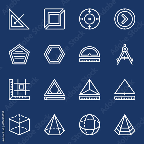 Geometric Shapes and Mathematical Instruments A Set of White Outlined Icons on a Dark Blue Background