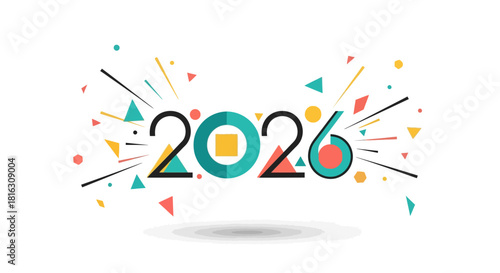 Celebrate 2026 with vibrant geometric shapes, a fresh modern design for New Year projects and optimistic branding, perfect for greetings or invitations