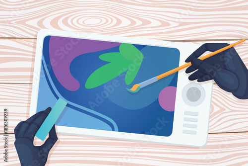 Creation of artwork and AI design vector illustration. Cartoon top view of table with robot hands painting creative digital image on tablet, automation of drawing process using artificial intelligence