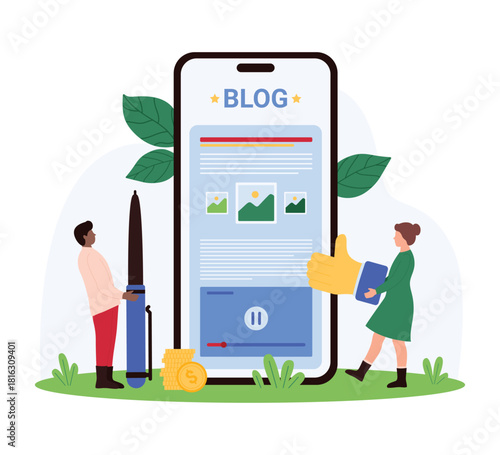 Blog monetization, mobile app for blogging. Tiny people holding pen and thumbs up to attract blog followers with creative articles, monetize online content and earn cartoon vector illustration