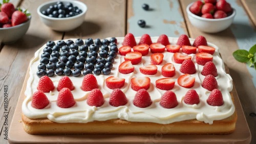 Festive American Flag Cake – Fresh Berries Dessert for Holiday Celebrations and Culinary Presentations