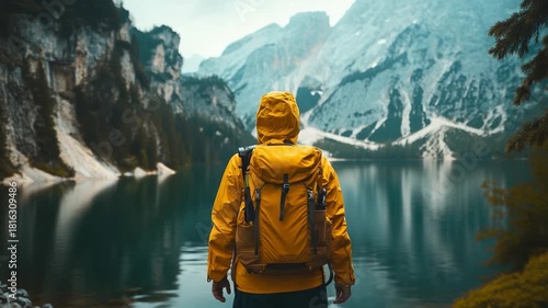Mountain Lake Adventure – Lone Traveler in Yellow Jacket Exploring Alpine Wilderness for Travel Blogs and Outdoor Inspiration