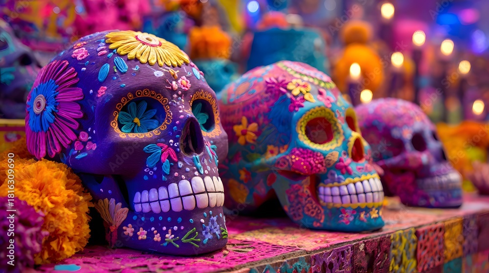 Obraz premium Colorful painted calavera skulls for the Mexican Day of the Dead celebration.