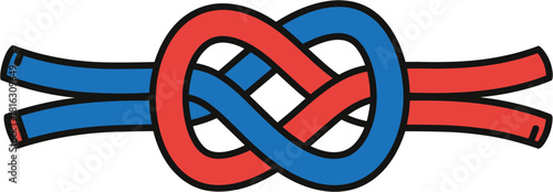 A red and blue rope tied in a symmetrical Carrick bend knot.