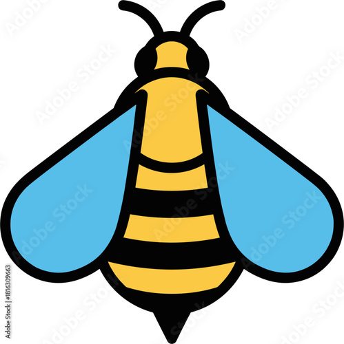 Cartoon bee illustration with yellow and black stripes and blue wings.