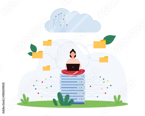 Secure cloud data platform, system infrastructure with firewall to access and store folders of information. Tiny woman sharing files over network, work with database cartoon vector illustration