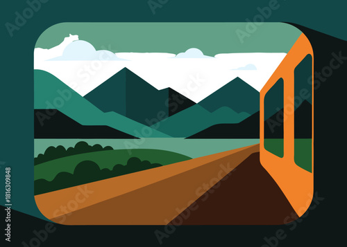 Train journey through mountains and lake landscape with abstract design