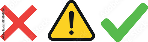 Red X Yellow Warning Sign and Green Check Mark Symbols.