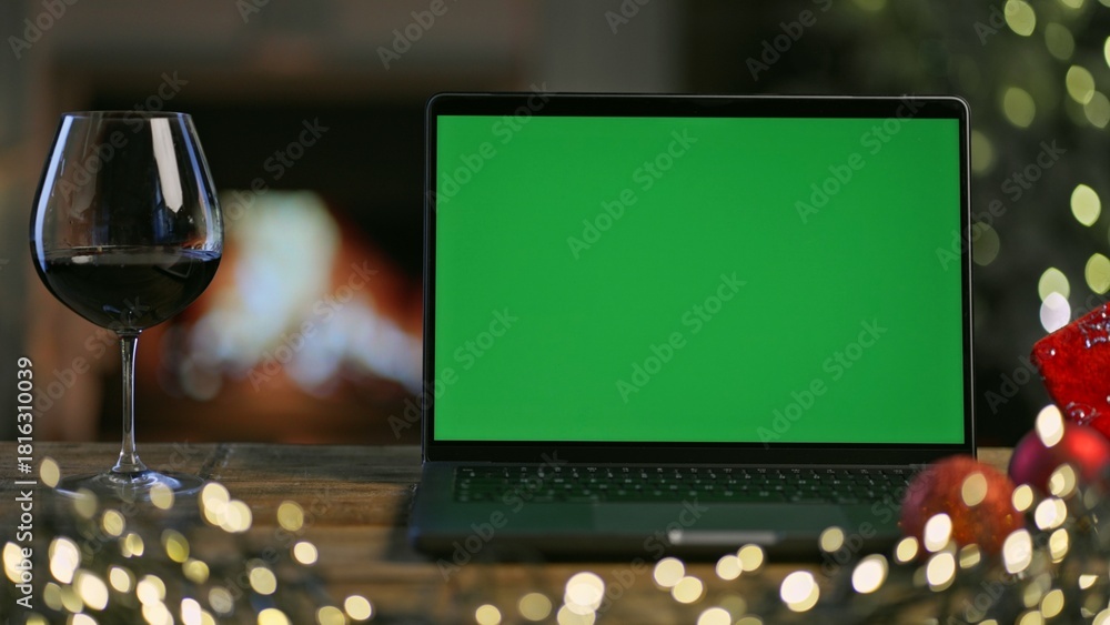Naklejka premium Glass of red wine with laptop computer on table in Christmas decorated room. Christmas tree and lights in winter home with fireplace. Green screen for web shop ads and vinery holiday offer.