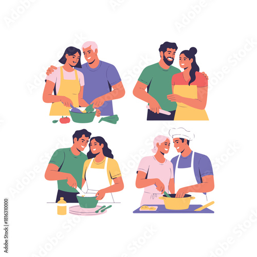 Couples cooking together in kitchen scenes flat illustration food preparation