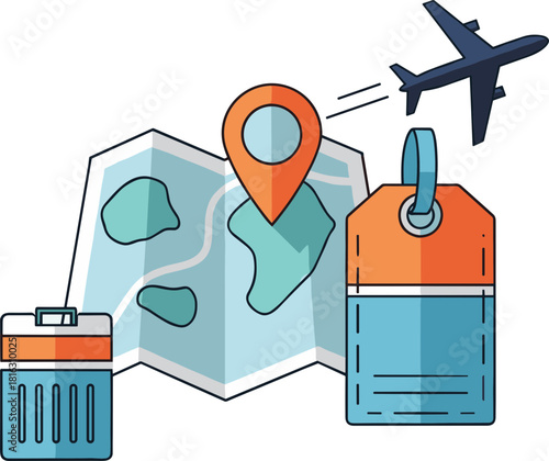 Travel adventure concept with map airplane luggage and tag.