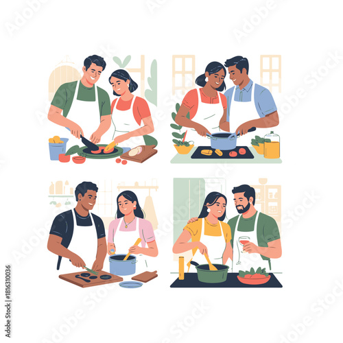 Couples cooking together in kitchens preparing food and enjoying time preparation