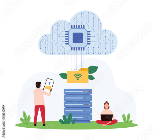 Cloud data storage, online connection for file transfer, sharing. Tiny man holding phone with mobile app to connect to database, upload folder, backup or archive to server cartoon vector illustration