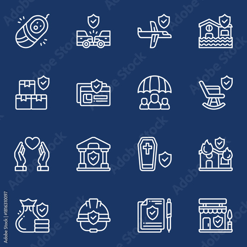 Insurance protection icons representing safety, security, and risk management for various assets and life events