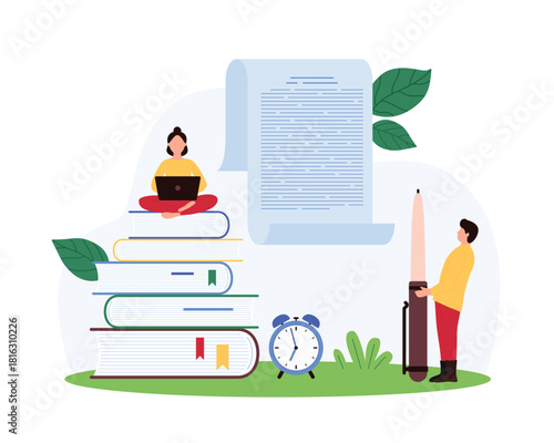 Creative idea of writing online article or essay, press release or blog review, storytelling, digital content creativity and promotion. Tiny people create text with pen cartoon vector illustration