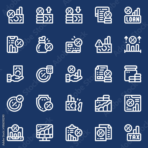 Collection of finance, investment, loan, and business-related line icons with money, graphs, and charts on a blue background