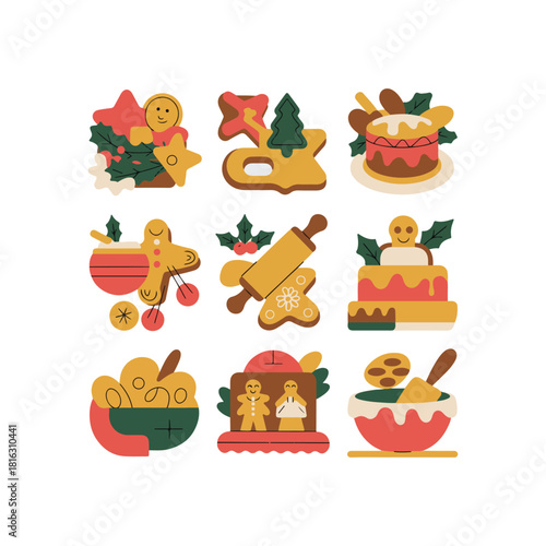 Christmas gingerbread cookies and baking icons in flat design style vector