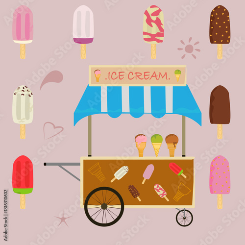  Illustration of an ice cream cart with various flavors of ice cream.