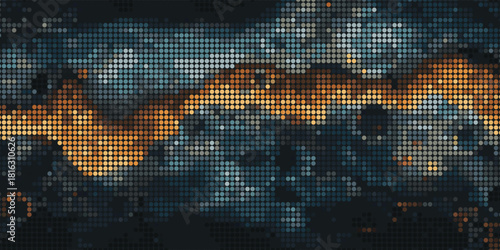 Dark, high-contrast abstract background with swirling gold and teal tones, rendered in a halftone dot grid. Visualizes digital energy flow or cyber security concepts, ideal for technology.