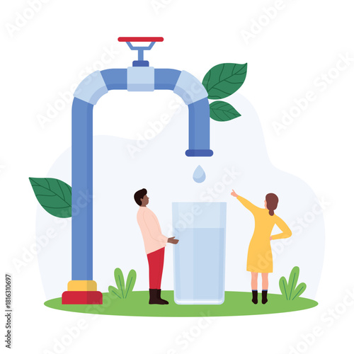 Clean drinking water consumption, safety and safe healthy purification with filter. Tiny people open kitchen tap to fill transparent glass with clear pure purified water cartoon vector illustration