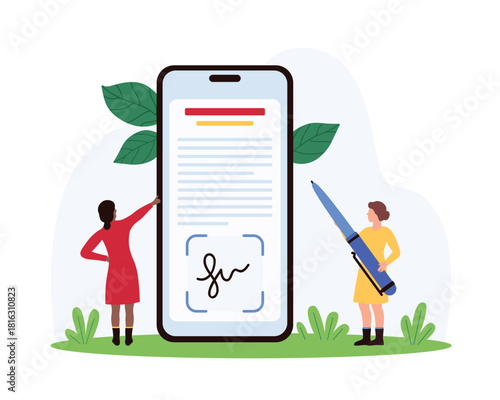 Digital signature, license verification in mobile app. Tiny people sign electronic document on smartphone screen with pen to approve online agreement, contract or deal cartoon vector illustration