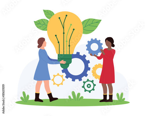 Eco friendly sustainable solution development process, digital project of green energy and idea of waste recycle. Tiny people holding light bulb with green leaf and gear cartoon vector illustration