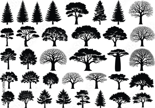 Collection of diverse tree silhouettes, forest elements, natural shapes, botanical illustration set, isolated black trees, landscape vegetation icons, woodland nature design resources