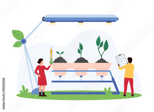 Eco farming, growing agricultural plants using hydroponic system technology. Tiny people grow green sprout in pot under light of lamp, control temperature with thermometer cartoon vector illustration