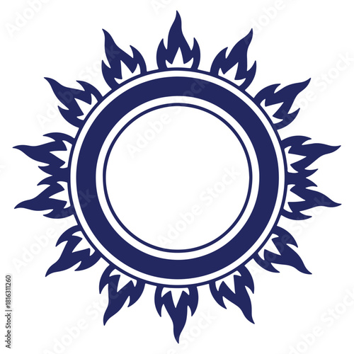 Stylized graphic illustration of a blue sun or radiating energy emanating from a central circle with a hollow center