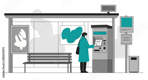 Illustration of a man using an automated teller machine at a bus stop with gray and teal color
