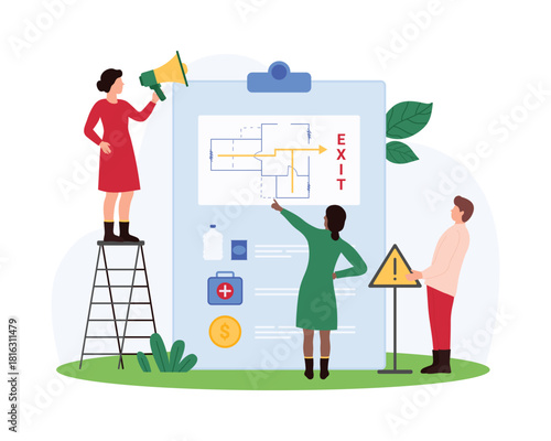 Fire safety training, presentation of evacuation from building in case of danger. Tiny people pointing at floor plan with exit arrow, holding megaphone and warning sign cartoon vector illustration