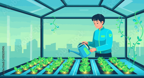 Illustration of a man watering plants in an urban greenhouse on a rooftop garden concept