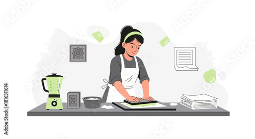 Illustration of a woman making paper in a workshop with a blender on the table