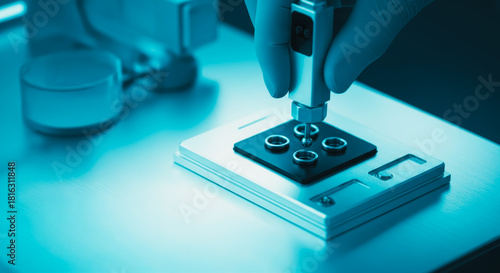 Precision instruments and a steady hand come together in a sterile laboratory environment, symbolizing scientific exploration.