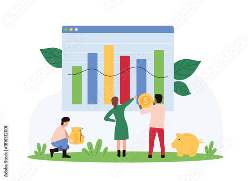 Changes in financial market, analysis of growth and decline for investment success and profit, analyst forecast. Tiny people follow graph up and down to invest money cartoon vector illustration