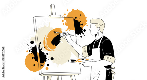 Illustration of a man painting on a canvas with splashes of orange and black ink showcasing