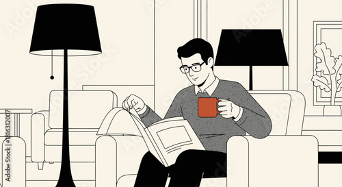 Illustration of a man reading a book and enjoying a cup of coffee in a comfortable living room scene