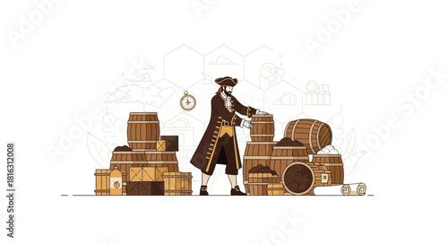 Illustration of a historical pirate character surrounded by barrels and crates of goods
