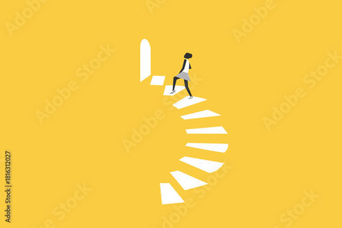 Business career growth. Business woman walking up the stairs. concept of rise, promotion, success, corporate ladder