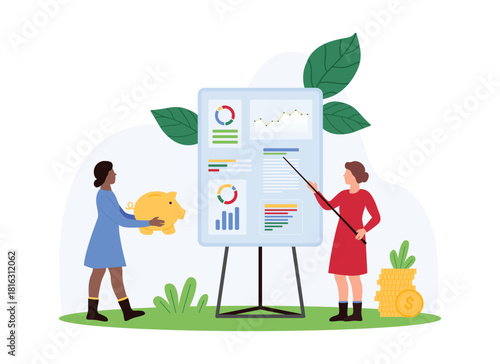 Financial chart analysis for success investment planning, advices of professional advisor. Tiny analyst with pointer consulting woman holding piggy bank to invest money cartoon vector illustration