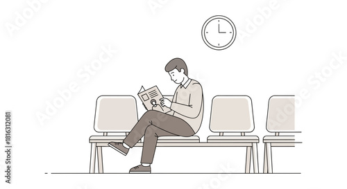 Illustration of a man reading a magazine while waiting in an office or waiting room area