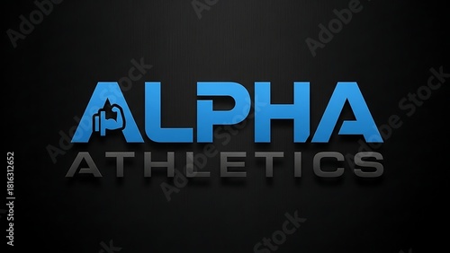 Alpha Athletics Logo Design with Bold Blue Text and Shadow.