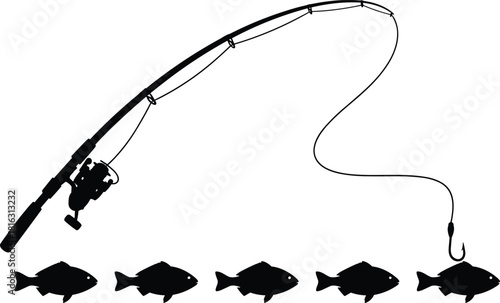Fishing rod with hook and multiple fish silhouettes isolated on white background, angling equipment illustration for fishing design, sport and hobby concept graphic