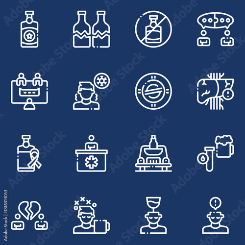 Alcohol Abuse and Addiction Icons Prevention, Treatment, and Consequences for Health and Social Life