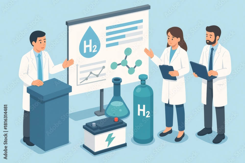 Fototapeta premium Scientists standing around a presentation board, discussing hydrogen fuel cell technology and green energy solutions