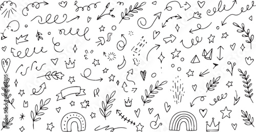 Collection of hand-drawn doodle design elements vector illustration of decorative swirls arrows stars and floral accents for creative projects