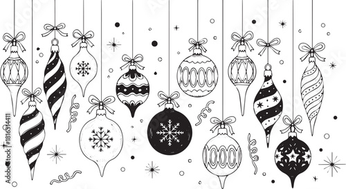 Collection of hanging Christmas ornaments hand-drawn vector illustration in black and perfect for holiday cards and decorations