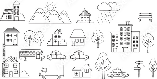 Collection of outline city elements including buildings vehicles and nature simple vector illustration for infographic and design